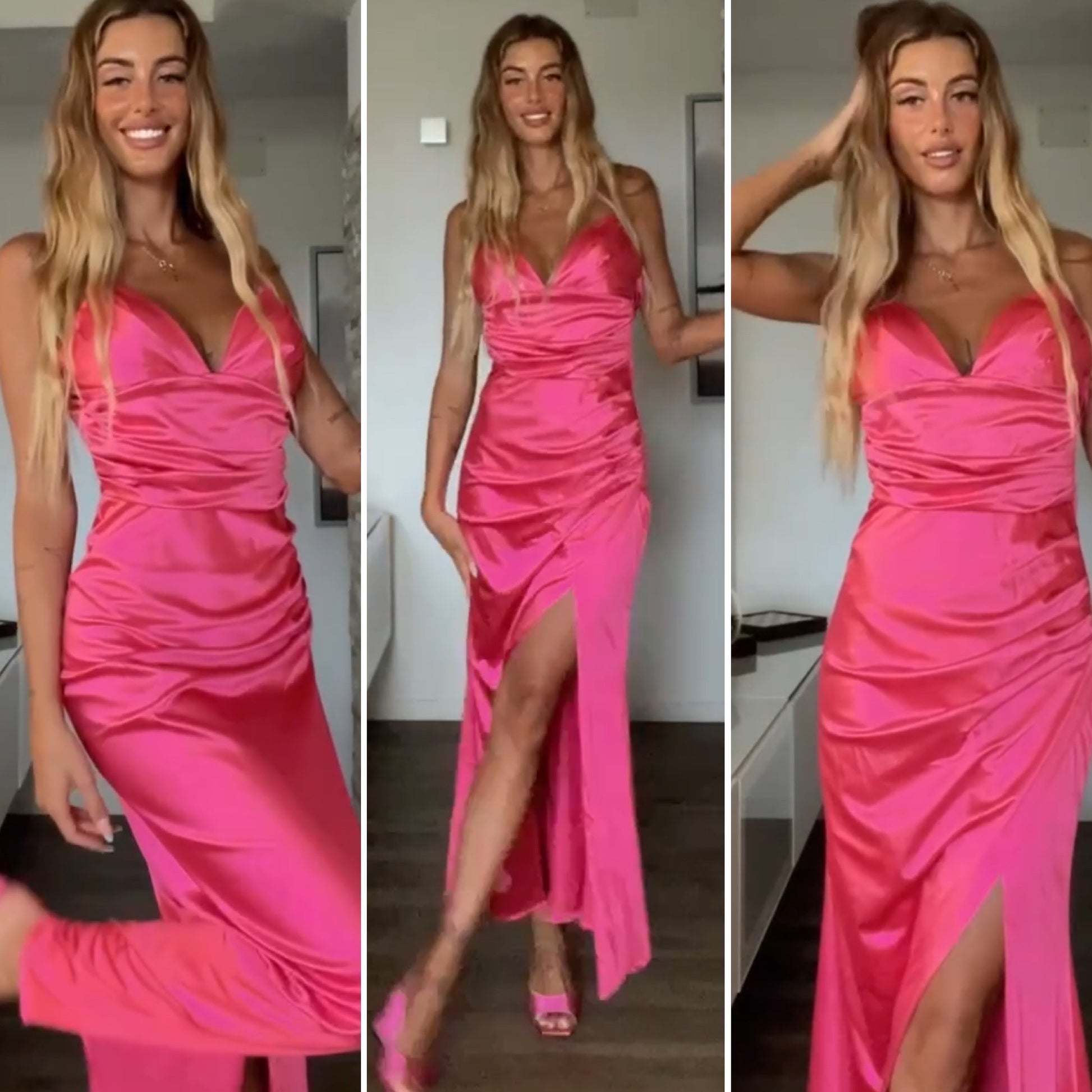 Abito in raso fuxia con drappeggio - R.a. Boutique 