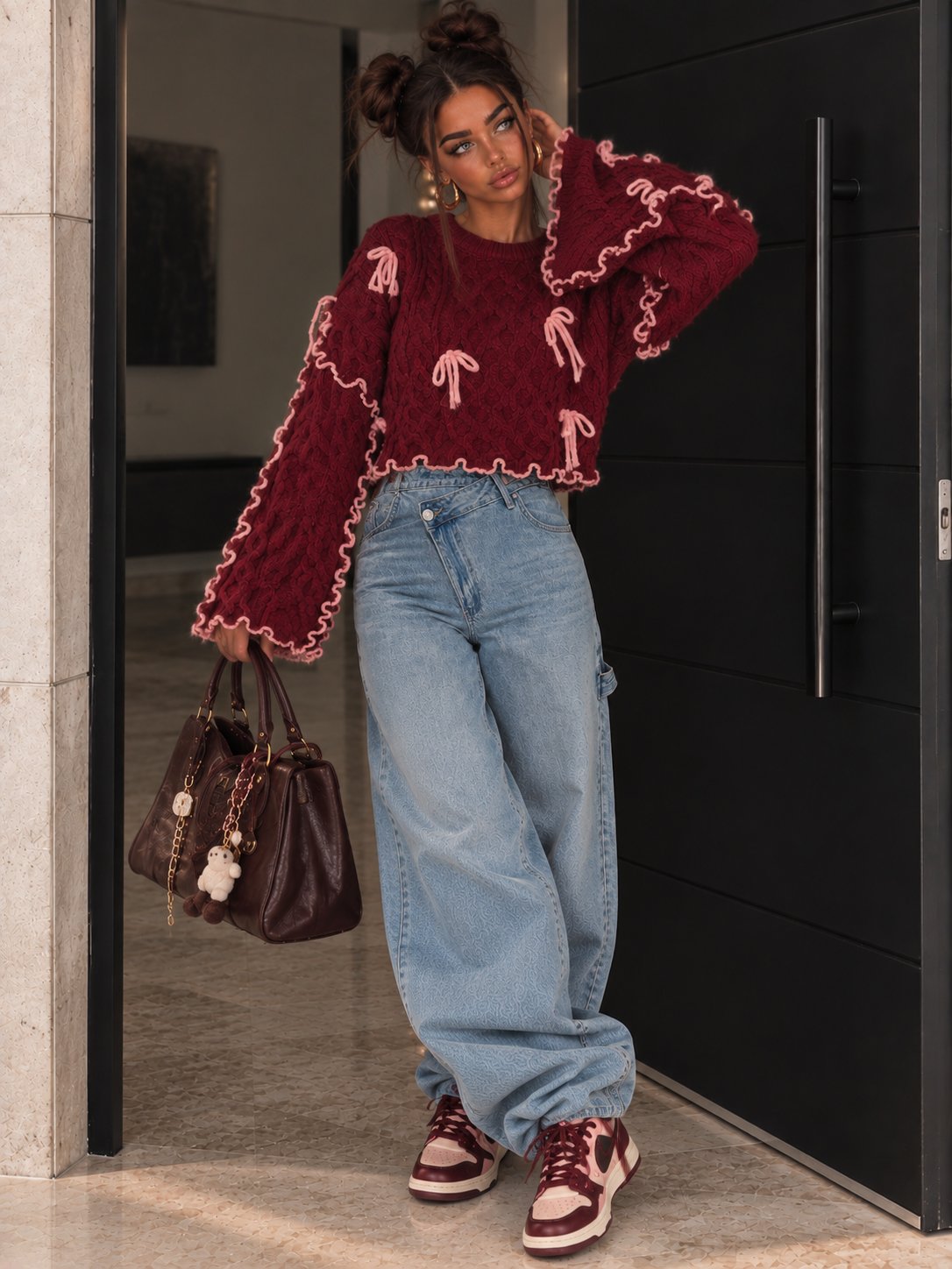 Maglioncino Bordeaux con Fiocchi Rosa - R.a. Boutique