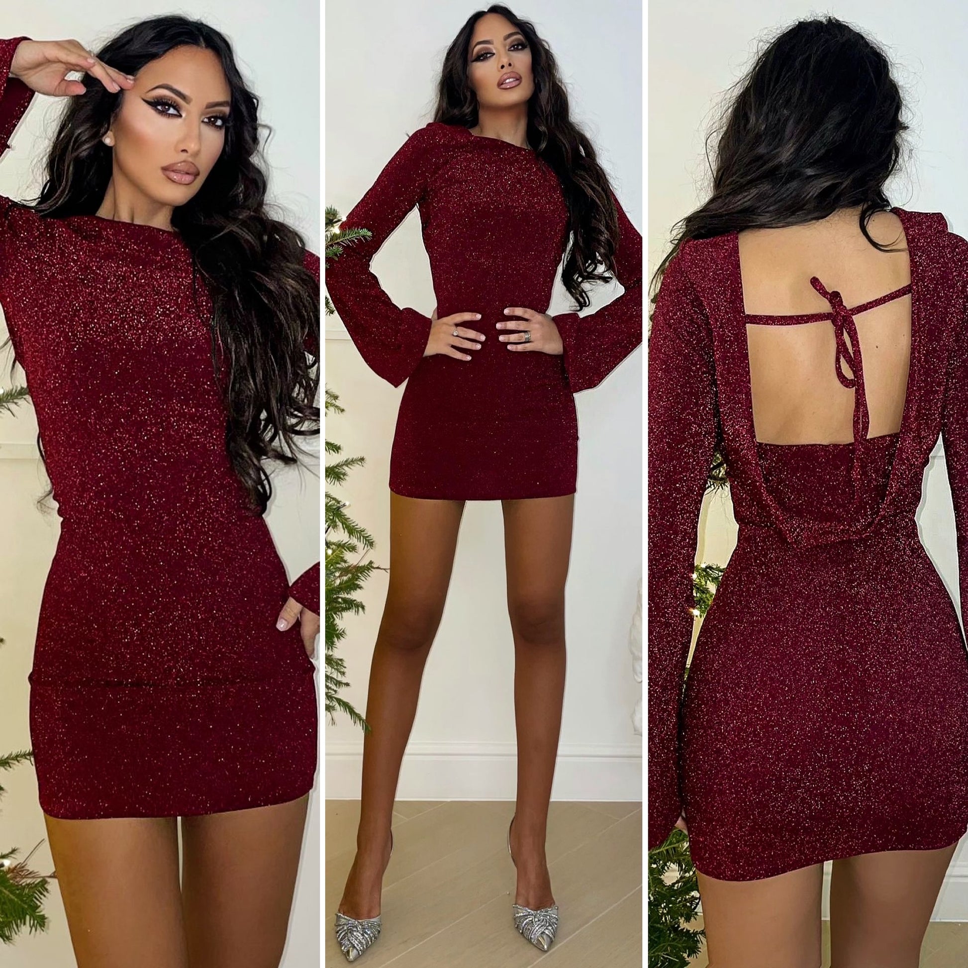 Abito bordeaux glitter schiena aperta - R.a. Boutique 