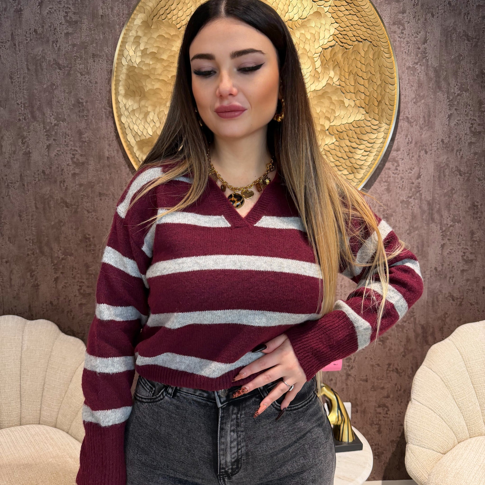 Maglione a righe bordeaux grigio - R.a. Boutique