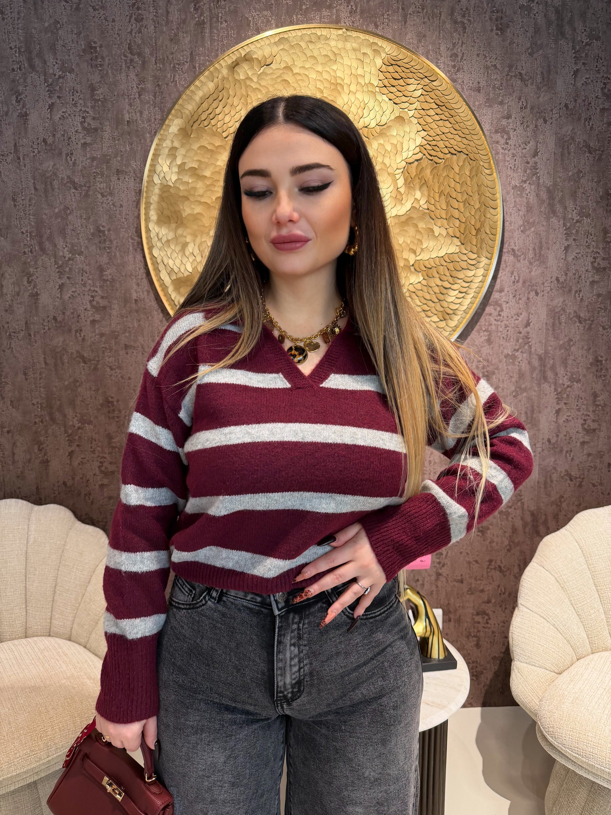 Maglione a righe bordeaux grigio - R.a. Boutique