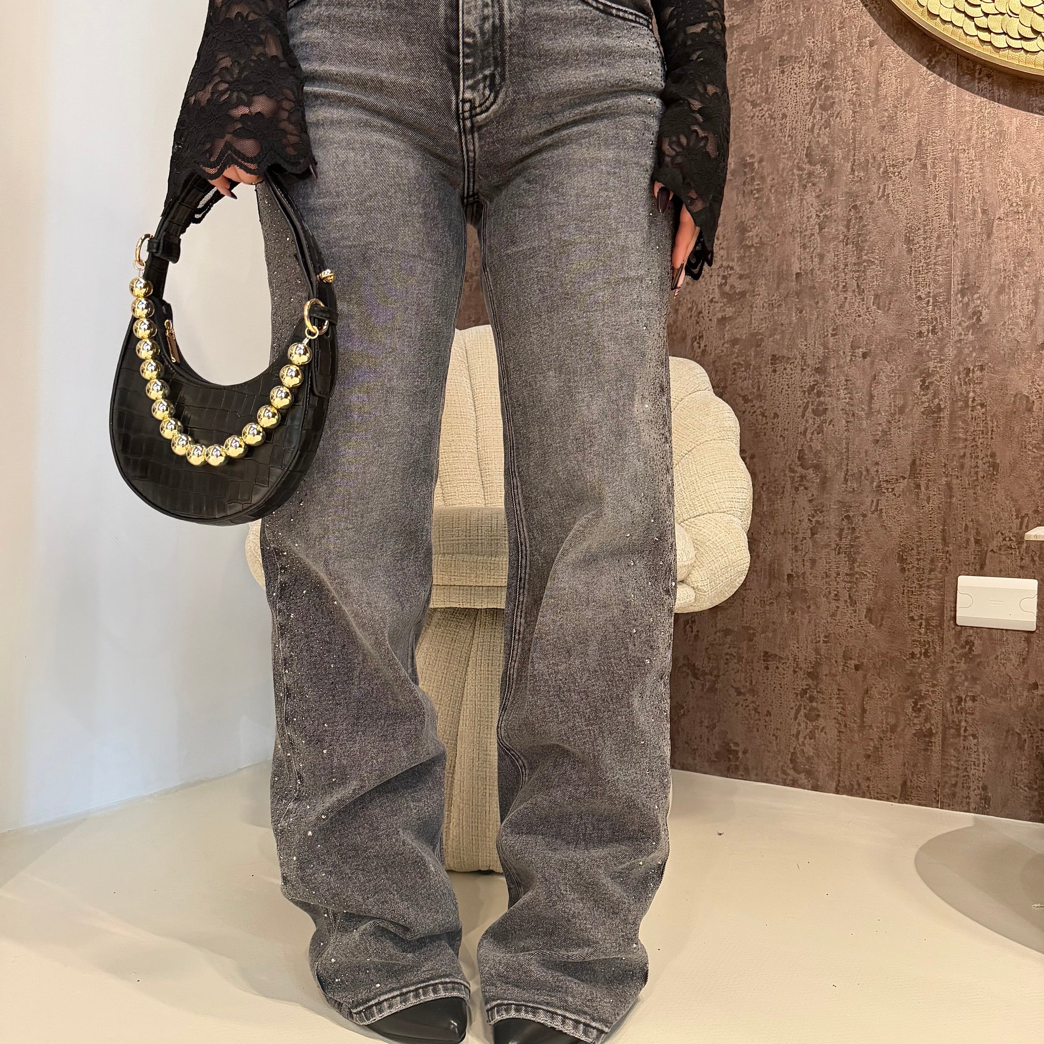 Jeans wide leg con brillantini - R.a. Boutique