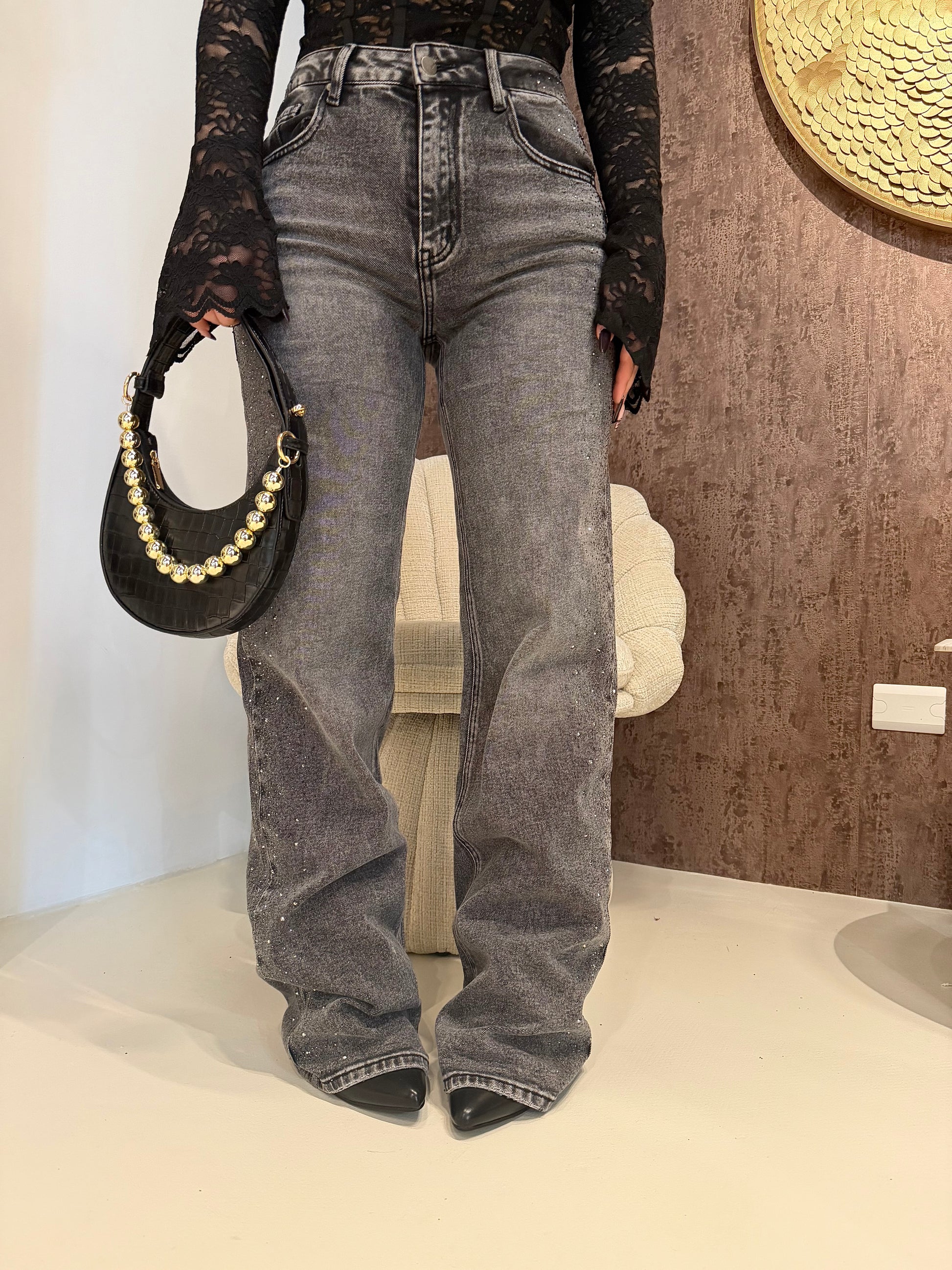 Jeans wide leg con brillantini - R.a. Boutique