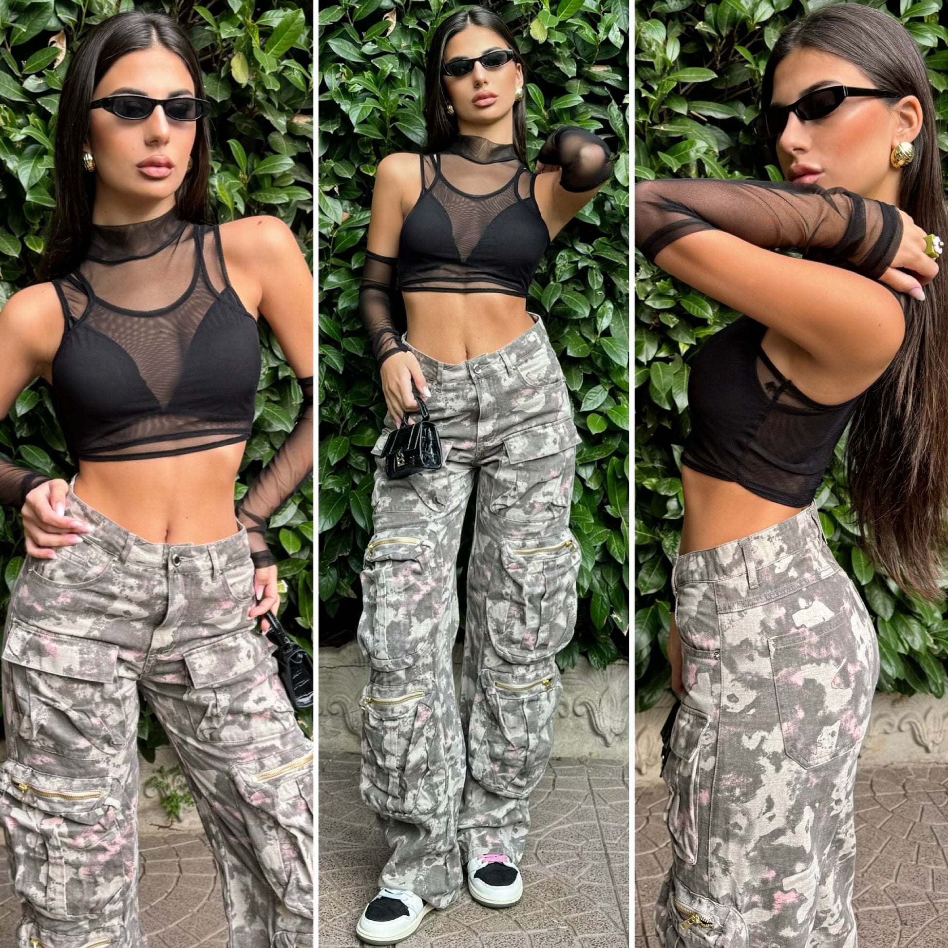 Top nero in velo con manicotti - R.a. Boutique 