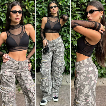 Top nero in velo con manicotti - R.a. Boutique 