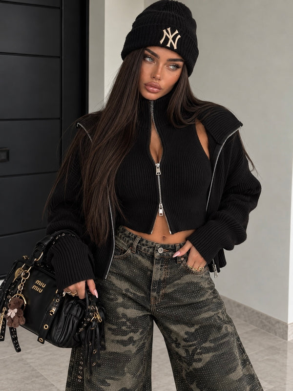 Set Twin Zip in Maglia con Gilet e Giacca - Nero