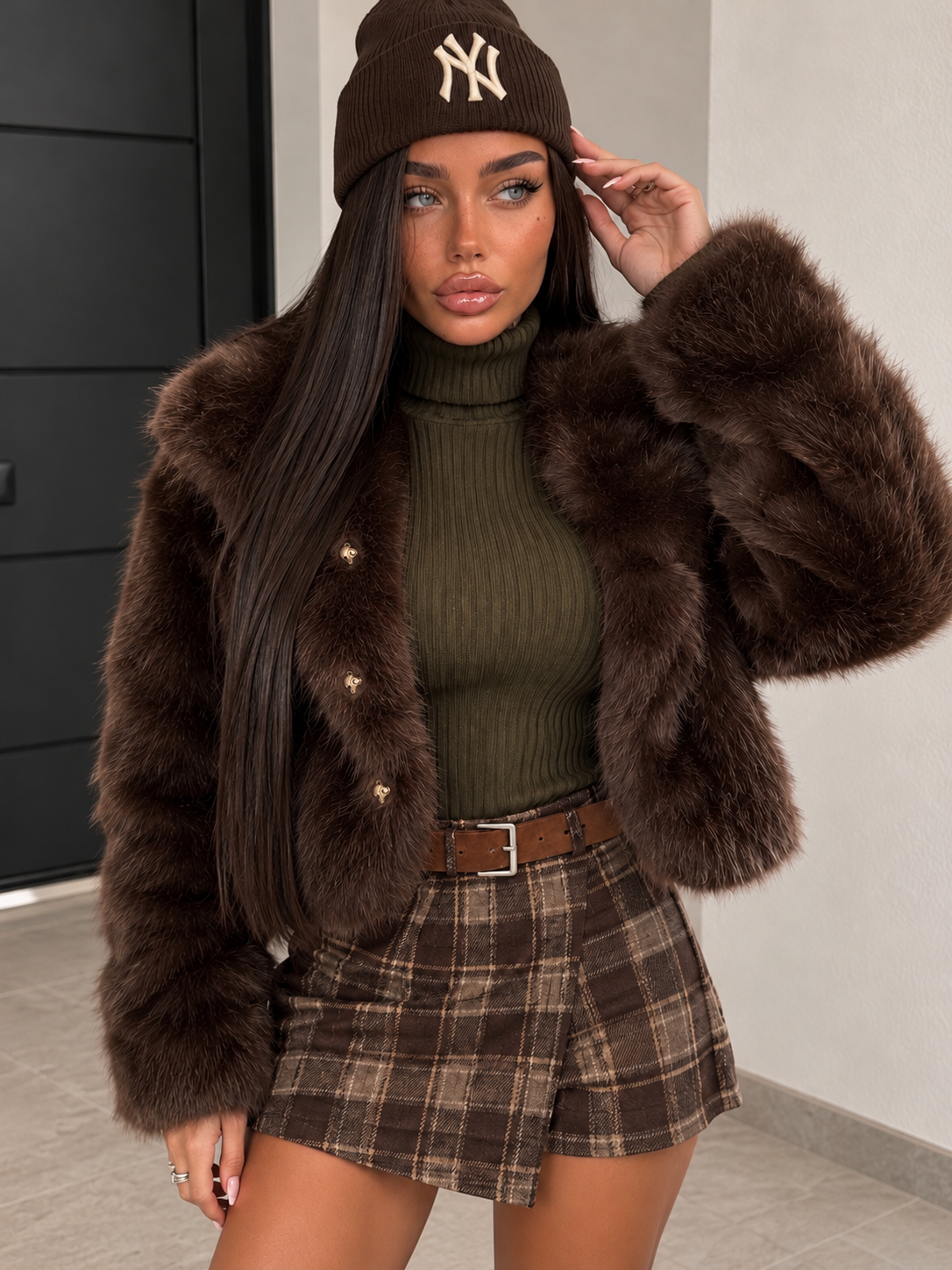 Giacca Corta Effetto Pelliccia Marrone con Cappuccio - R.a. Boutique