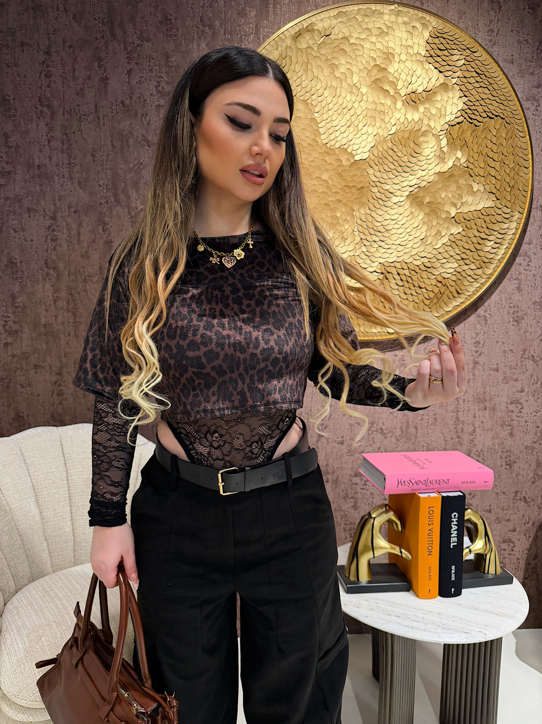 Body maculato con manica in pizzo