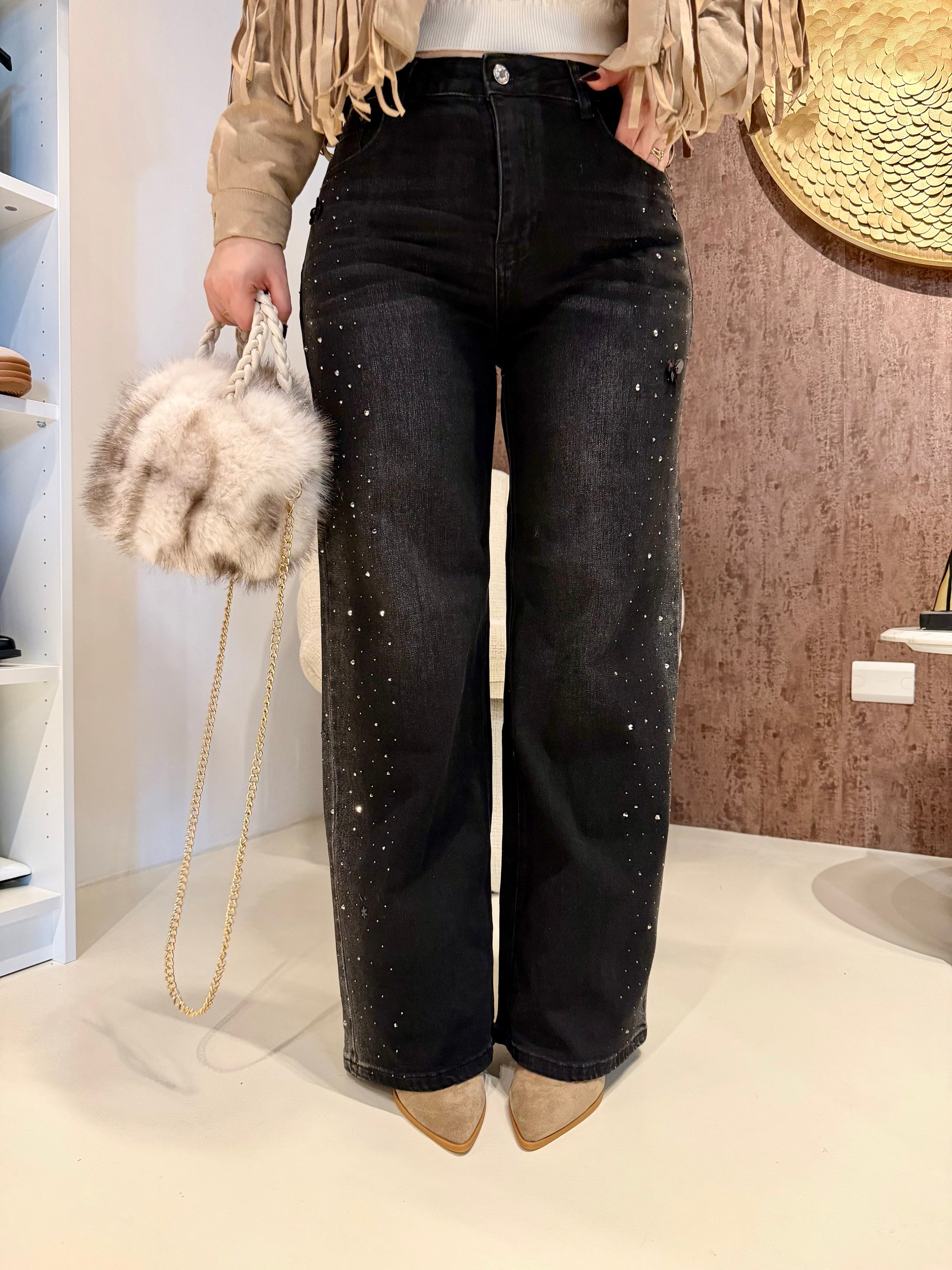 Jeans nero con strass e ricami - R.a. Boutique