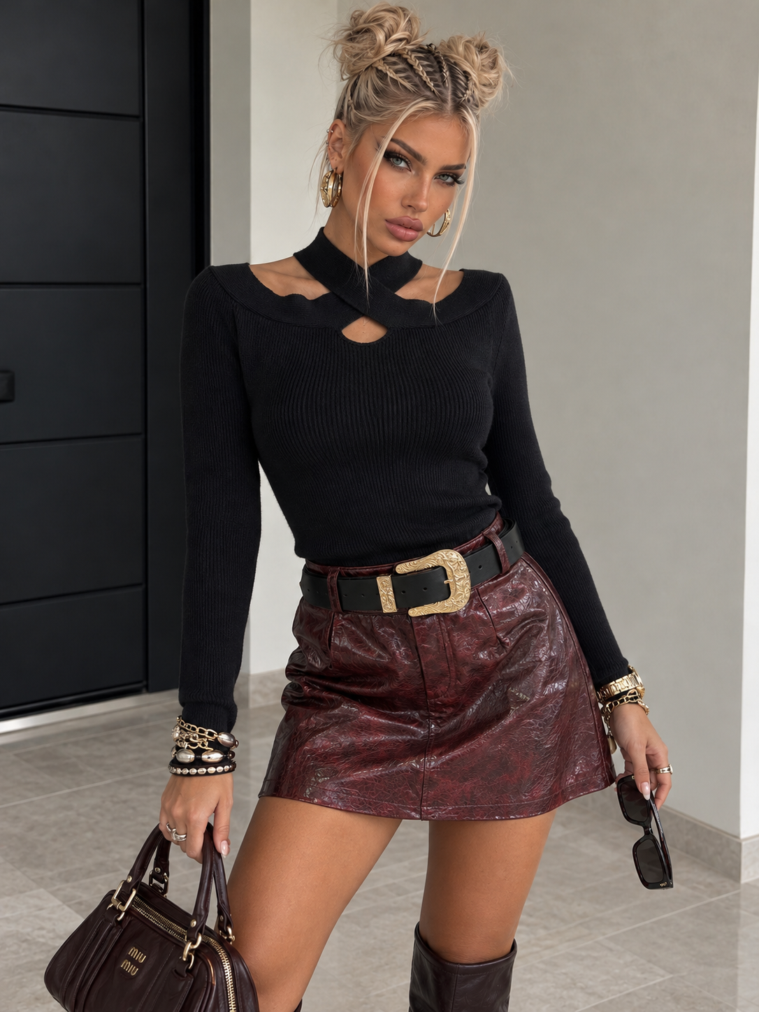 Minigonna Bordeaux Effetto Pelle con Cintura Western - R.a. Boutique
