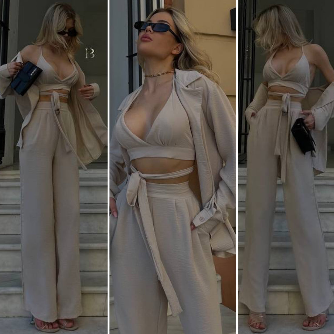 Set tre pezzi camicia top e pantalone beige - R.a. Boutique 