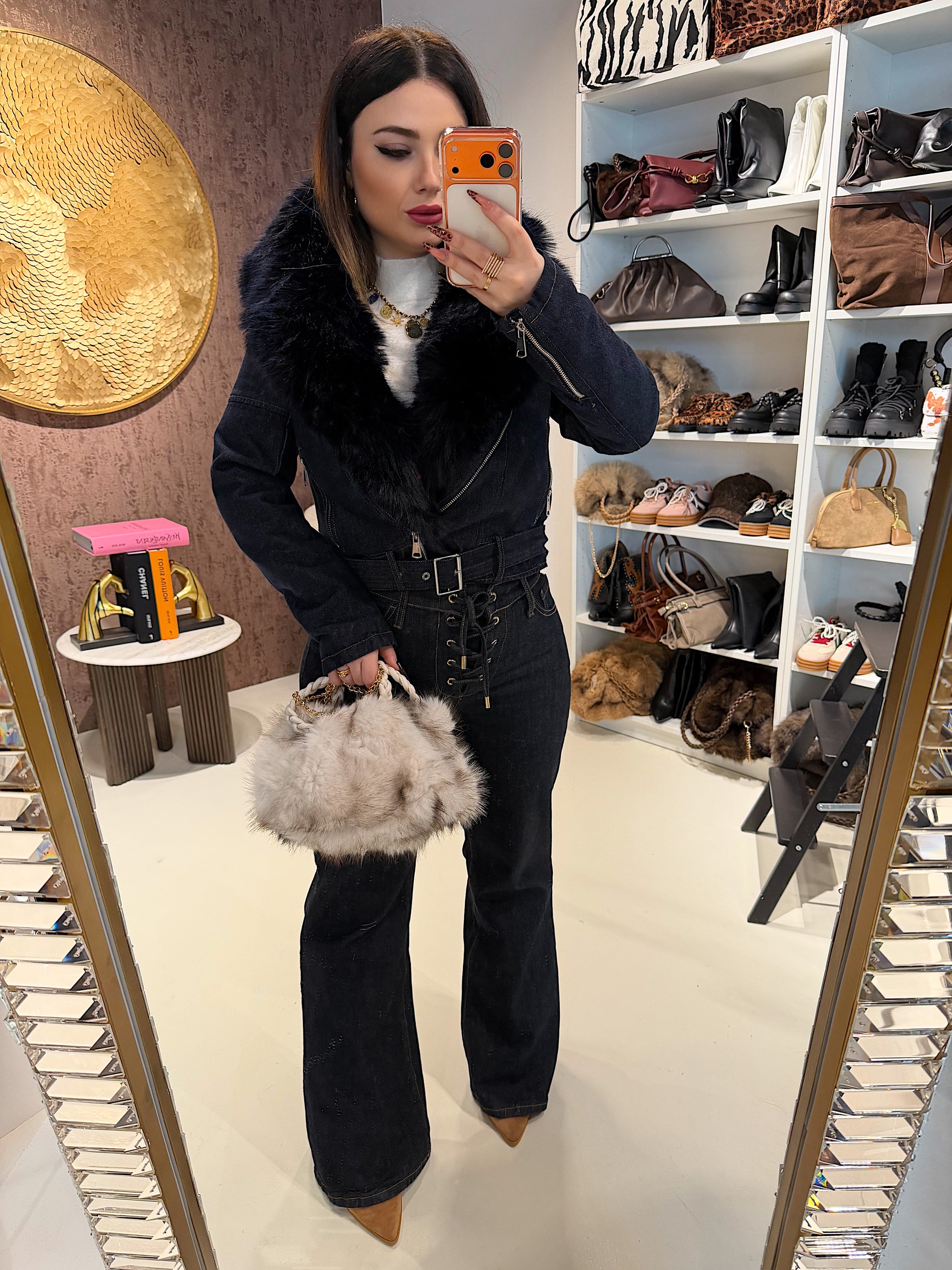 Giacca Denim Luxury Fur Navy - R.a. Boutique