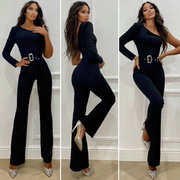 Tuta monospalla con cintura e strass - R.a. Boutique 