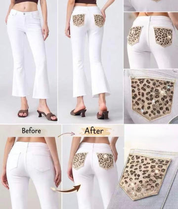 Jeans con tasca glitter maculata