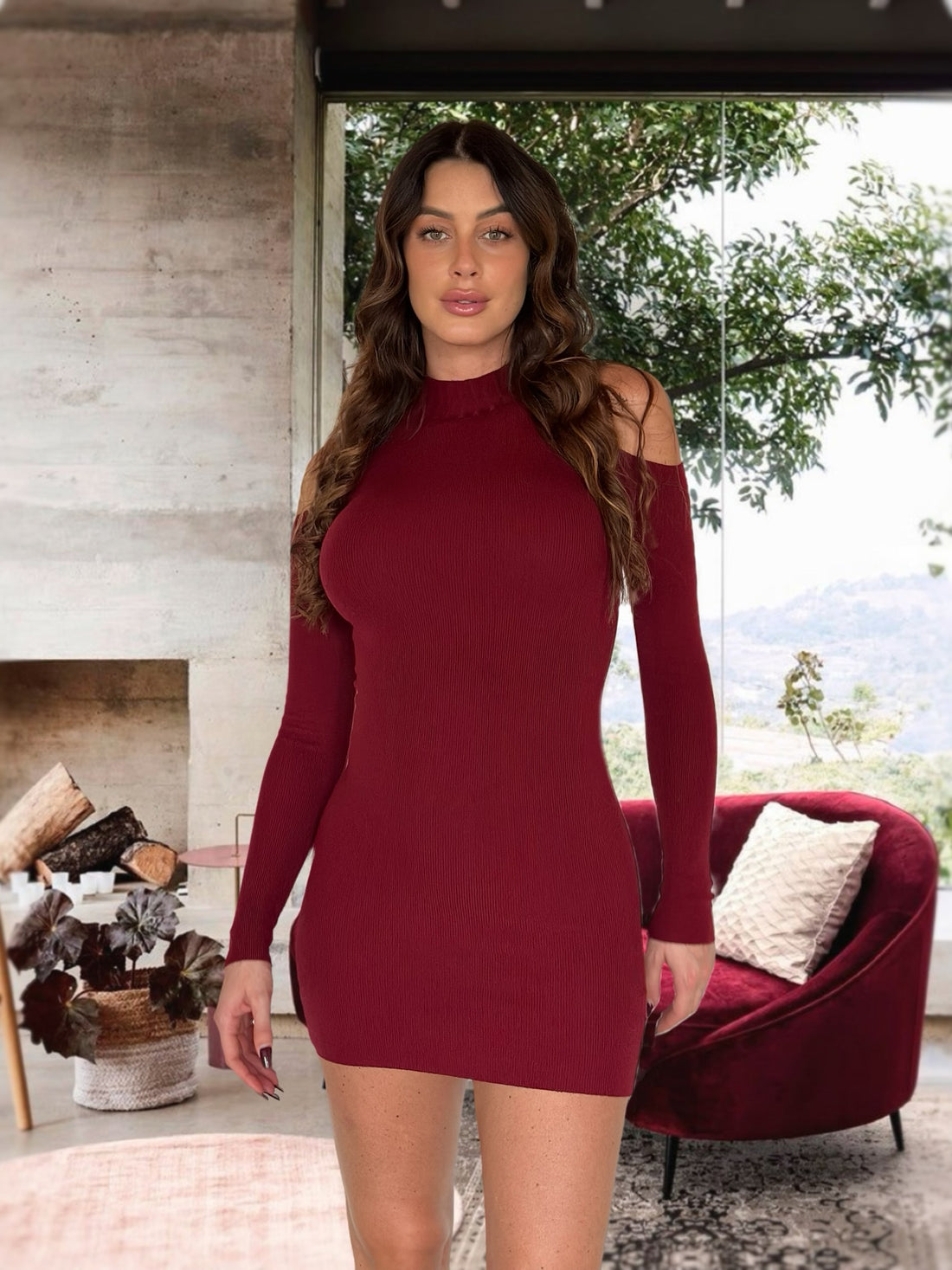 Abito in maglia bordeaux con manicotti - R.a. Boutique 