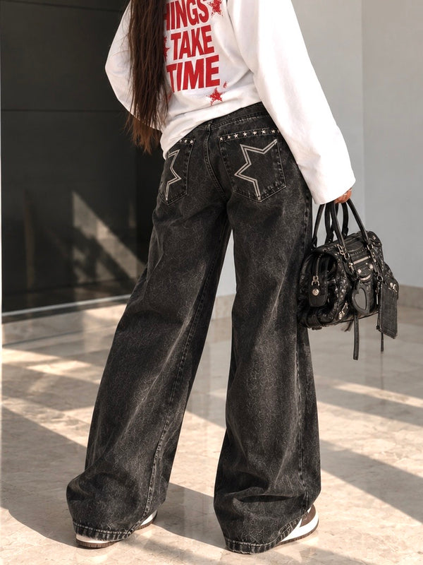 Jeans Barrel Black Washed Star Pockets