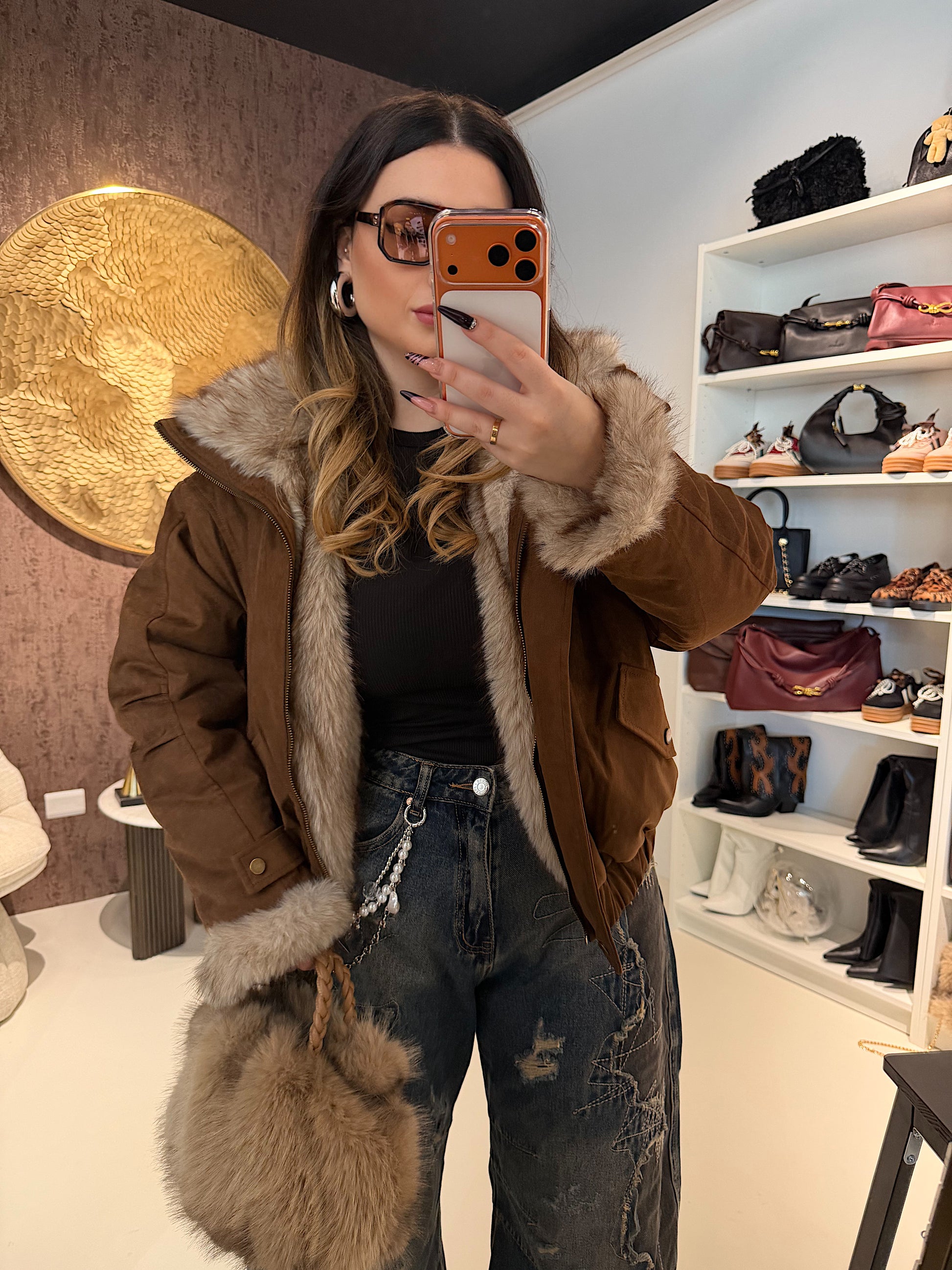 Giaccone Camel con imbottitura in pelo reversibile - R.a. Boutique