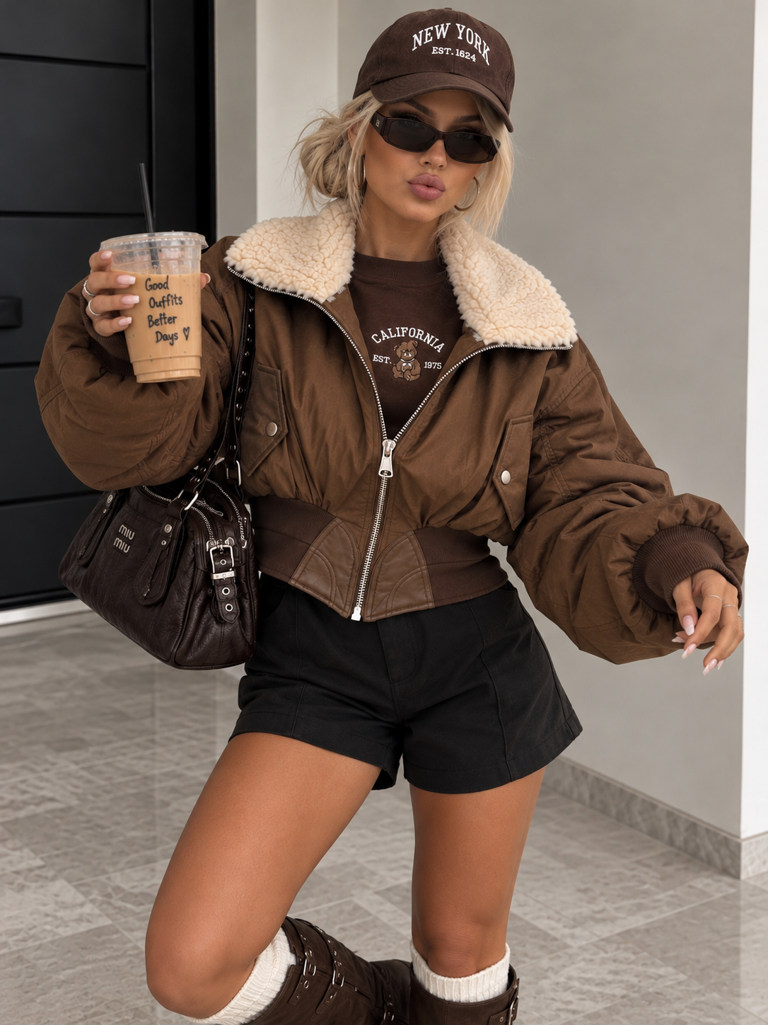 Giacca Bomber Marrone con Collo Teddy Panna - R.a. Boutique