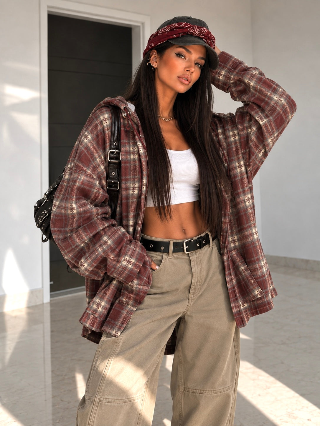 Camicia Oversize Mocha bordeaux con Cappuccio - R.a. Boutique