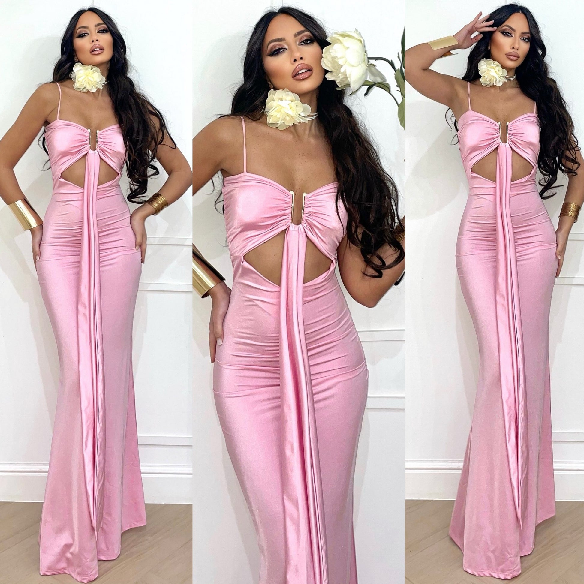 Abito lungo rosa scollo a U e fusciacca - R.a. Boutique