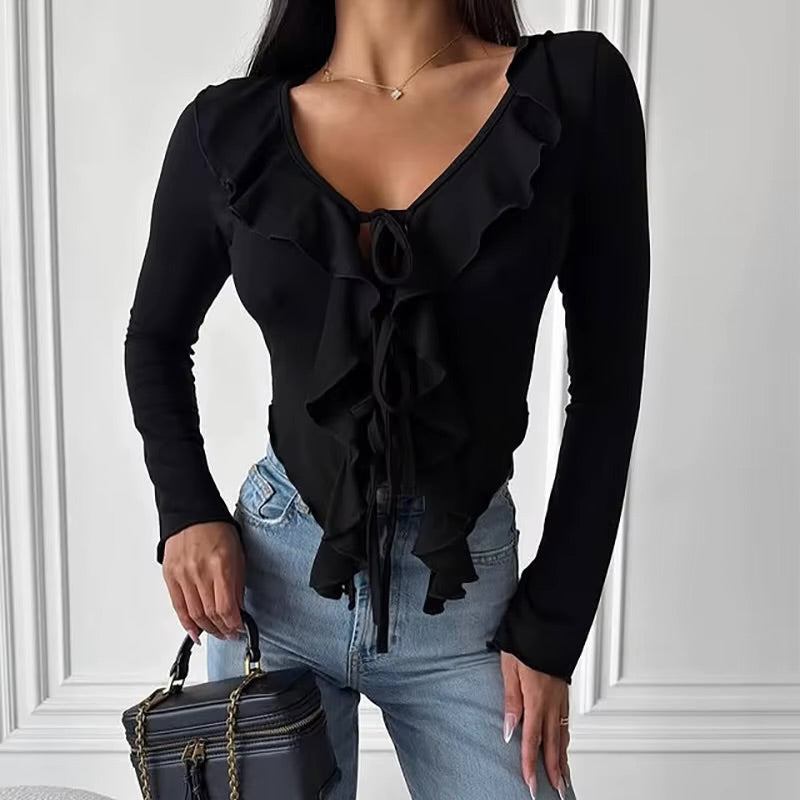 Maglia con scollo a V e manica con rouches - R.a. Boutique