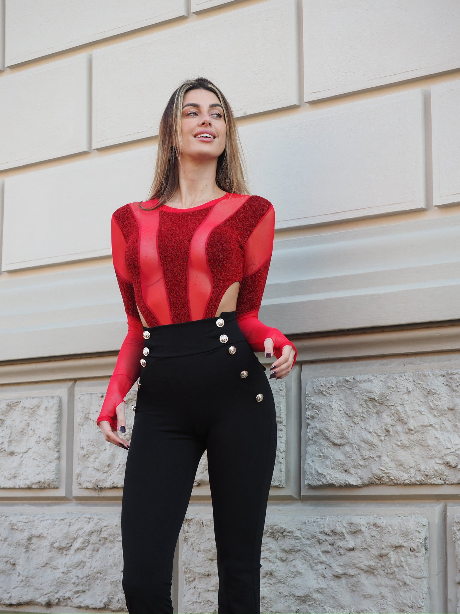 Body con trasparenza e glitter rosso - R.a. Boutique 