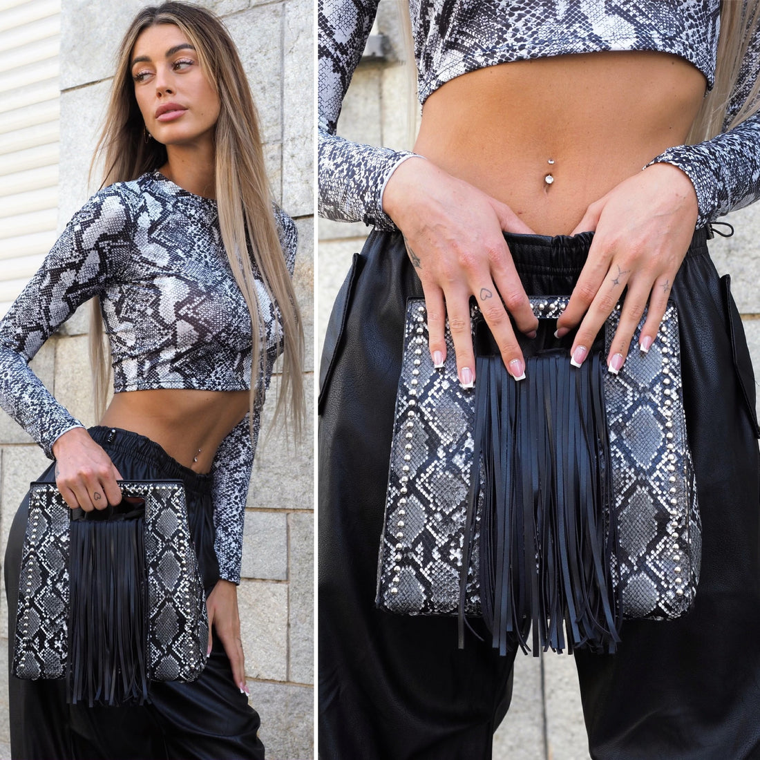 Bag pitonata con frange grigia - R.a. Boutique 