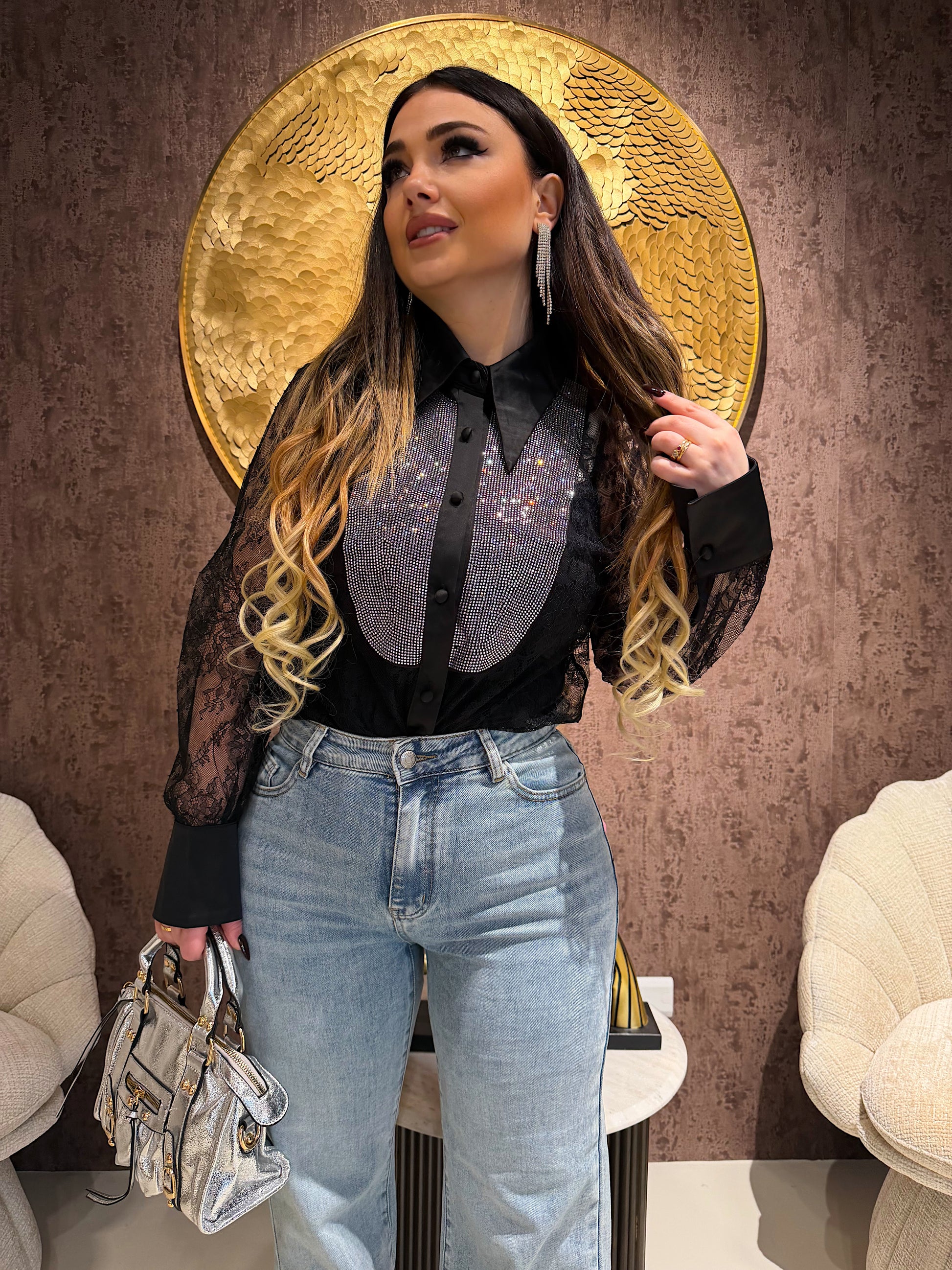 Camicia in Pizzo Nero con Inserto Gioiello - R.a. Boutique