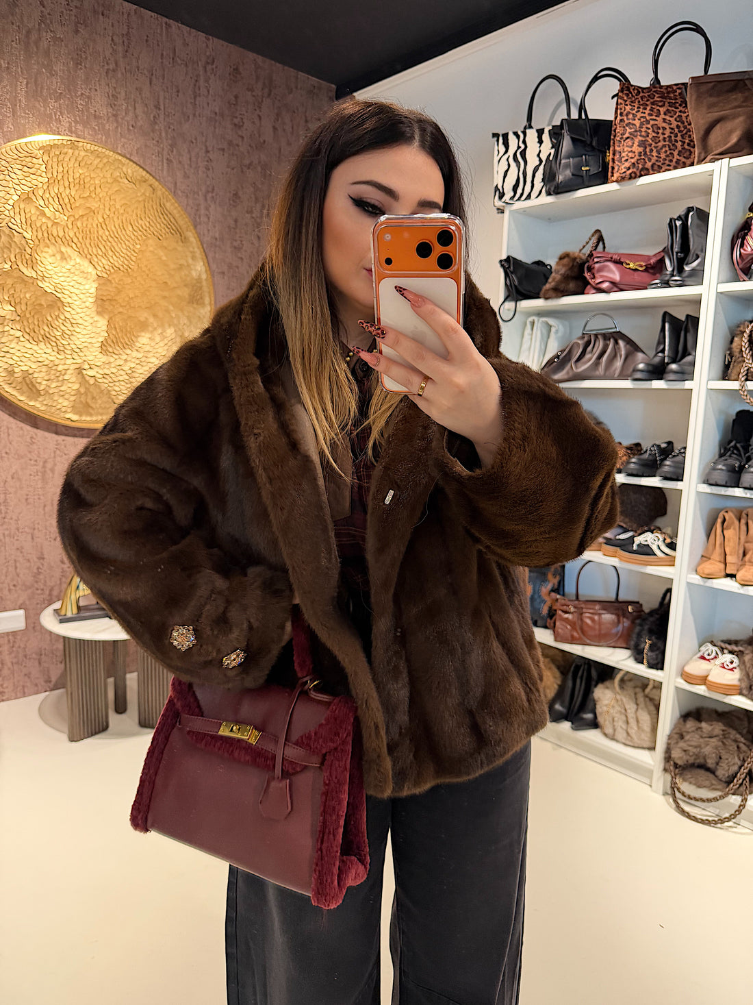 Giacca Pelliccia Elegance bordeaux e marrone - R.a. Boutique