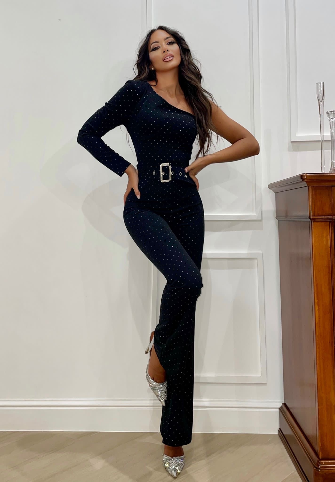 Tuta monospalla con cintura e strass - R.a. Boutique 