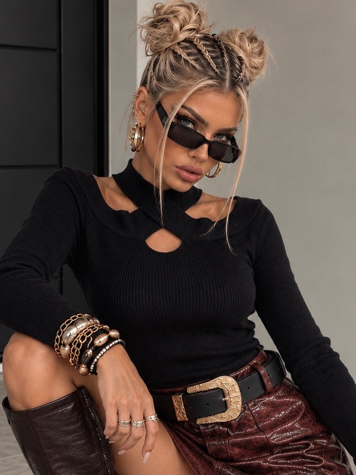 Maglia Nera Costine Scollo Incrociato - R.a. Boutique
