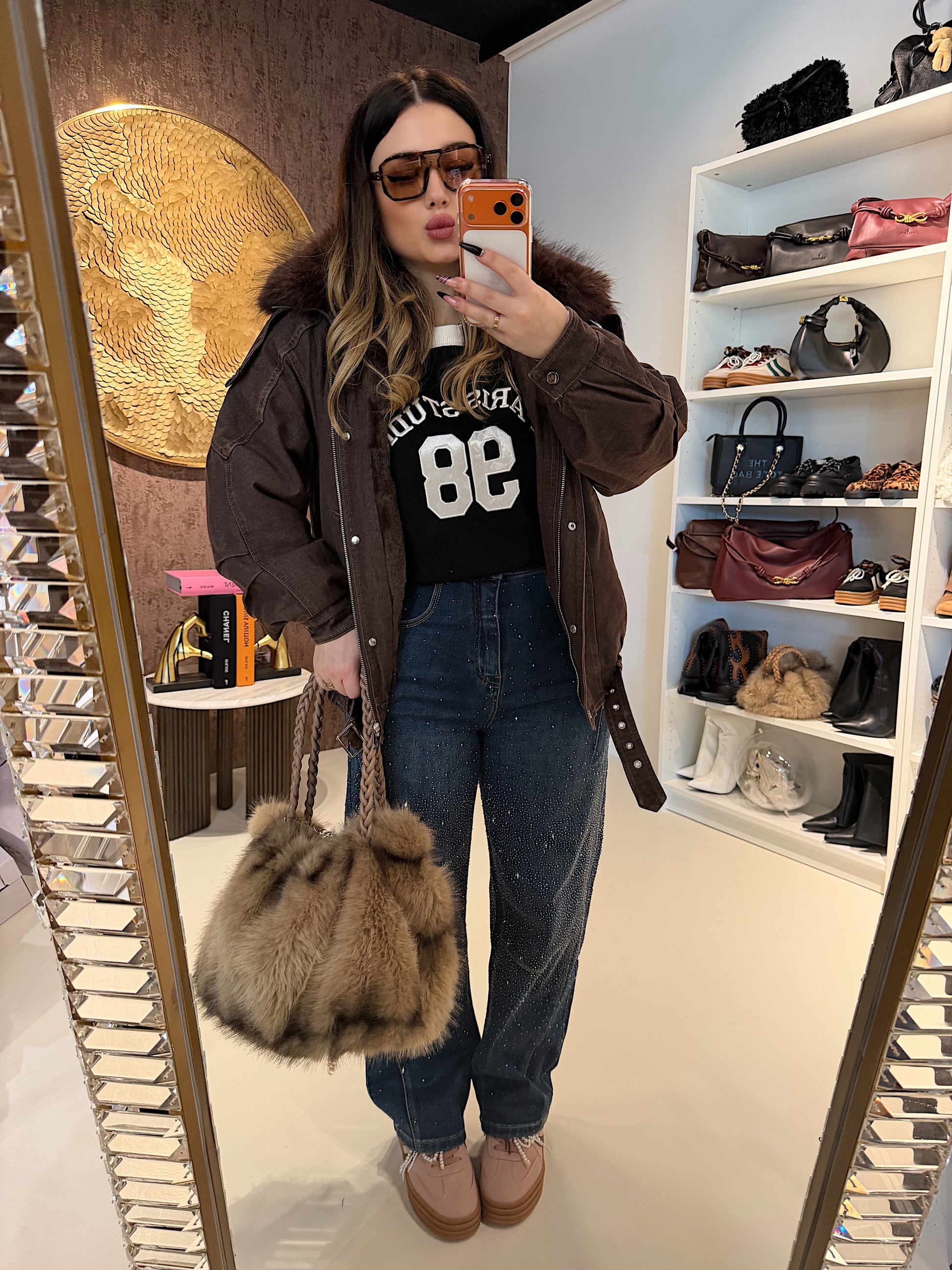 Giacca Denim con Collo in Pelliccia - R.a. Boutique