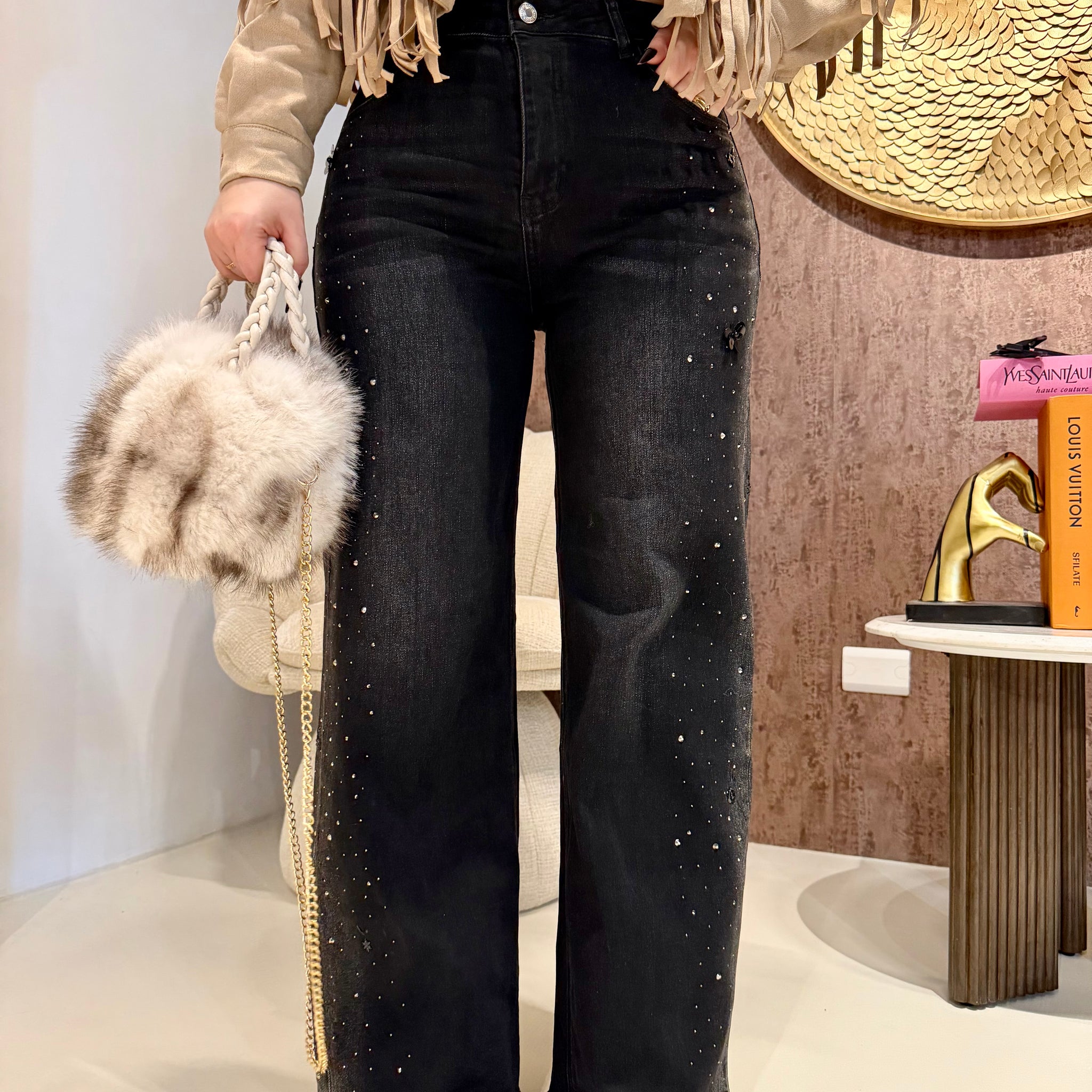 Jeans nero con strass e ricami - R.a. Boutique