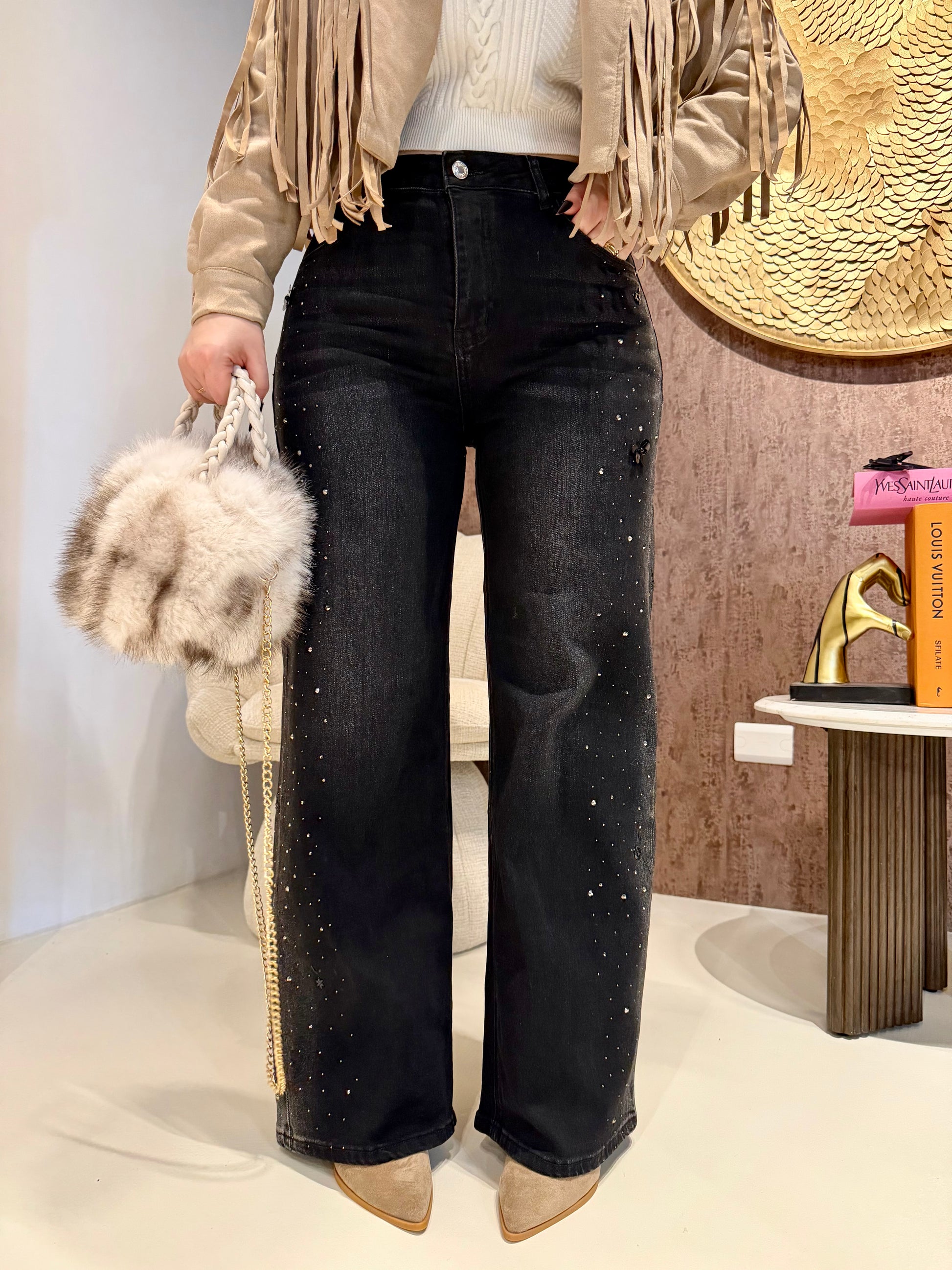 Jeans nero con strass e ricami - R.a. Boutique