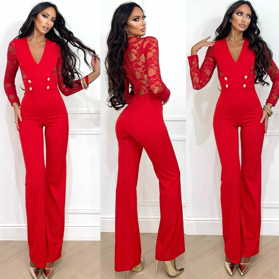 Tuta con maniche in pizzo rosso - R.a. Boutique