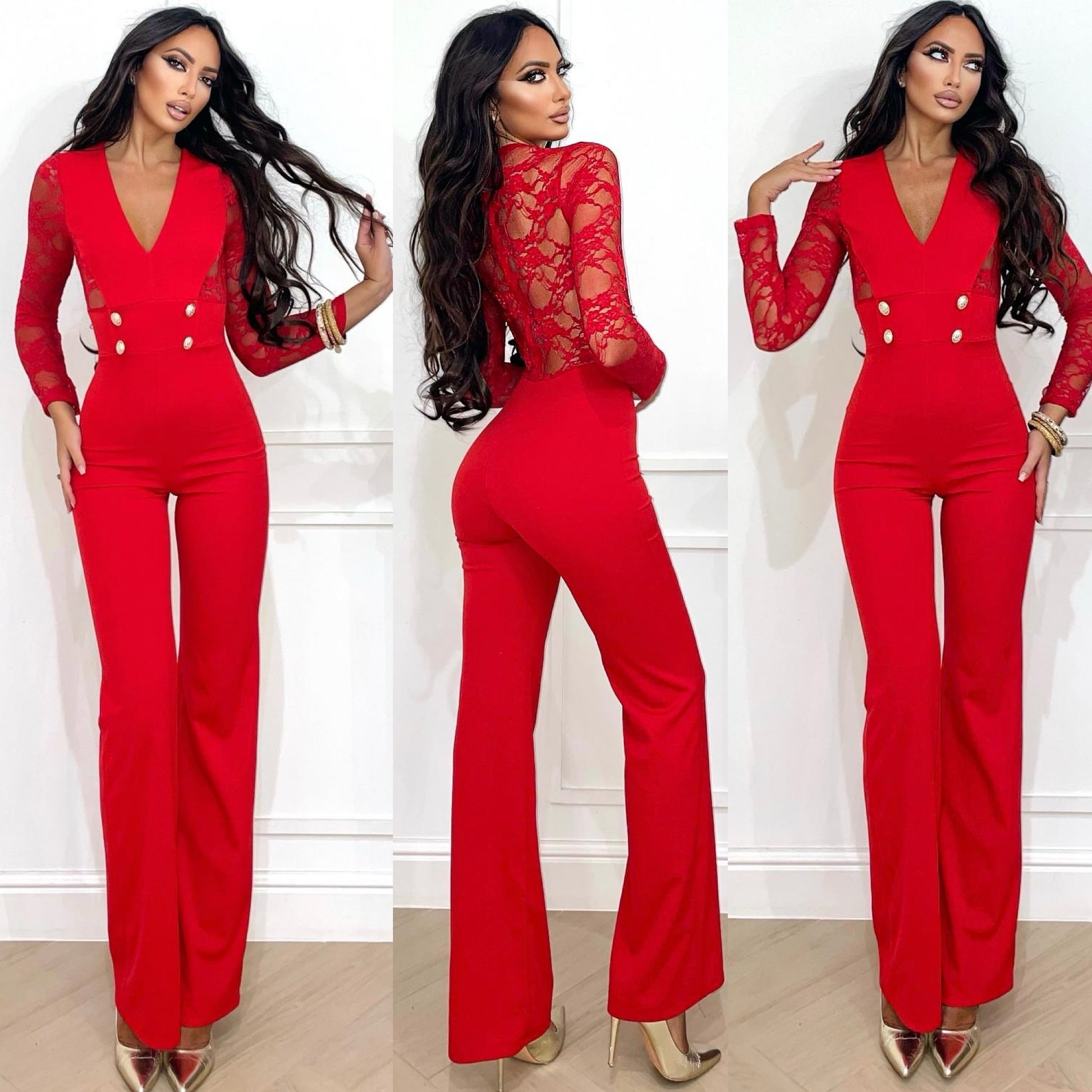 Tuta con maniche in pizzo rosso - R.a. Boutique