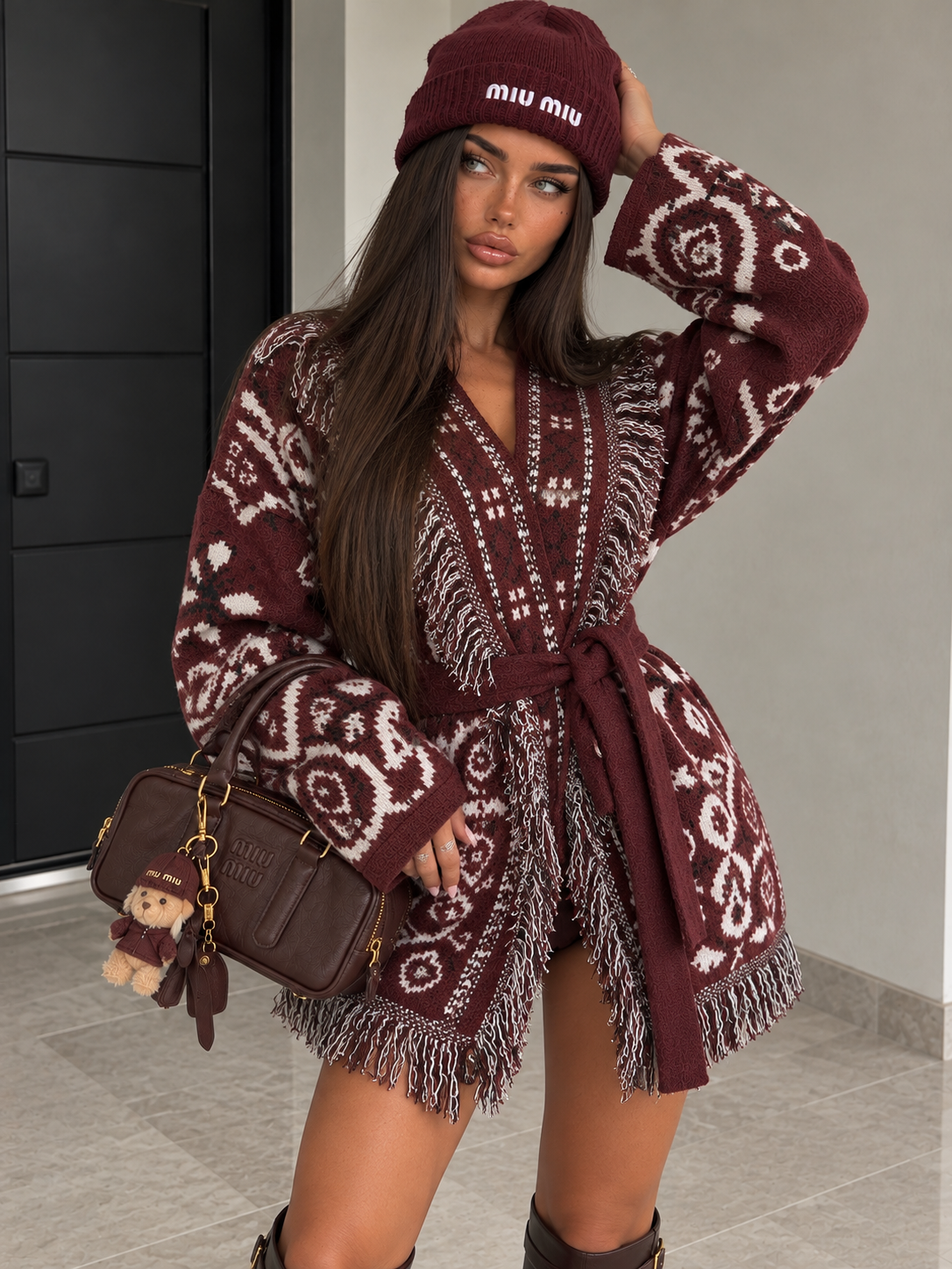 Cardigan Bandana con Frange e Cintura – Bordeaux - R.a. Boutique