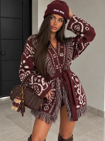 Cardigan Bandana con Frange e Cintura – Bordeaux - R.a. Boutique