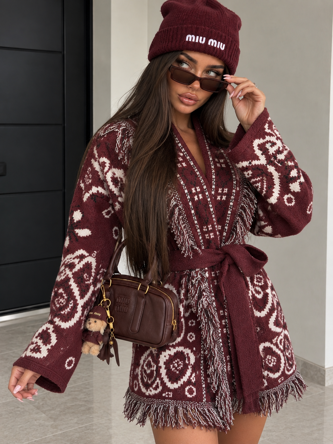 Cardigan Bandana con Frange e Cintura – Bordeaux - R.a. Boutique