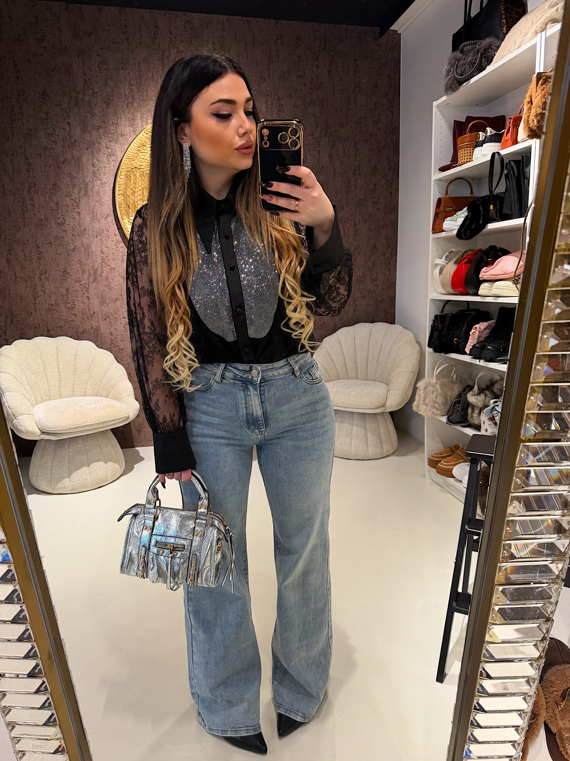 Camicia in Pizzo Nero con Inserto Gioiello - R.a. Boutique