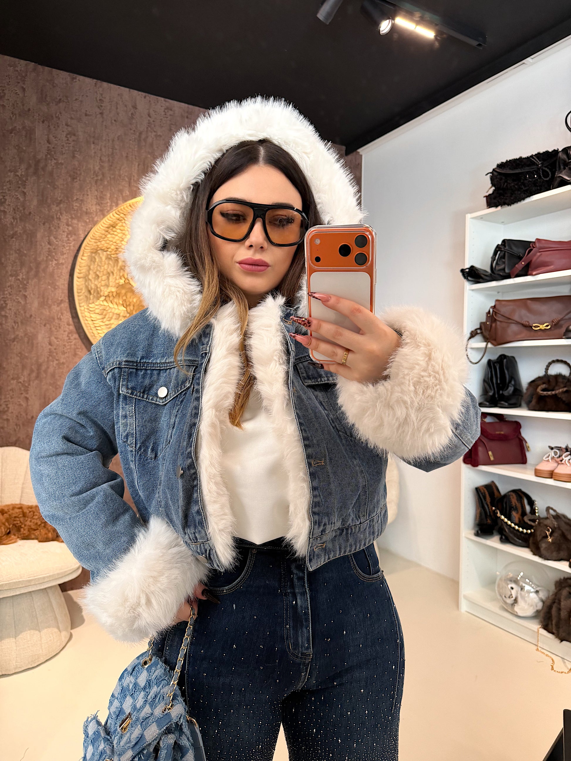 Giaccone di jeans pelo bianco - R.a. Boutique