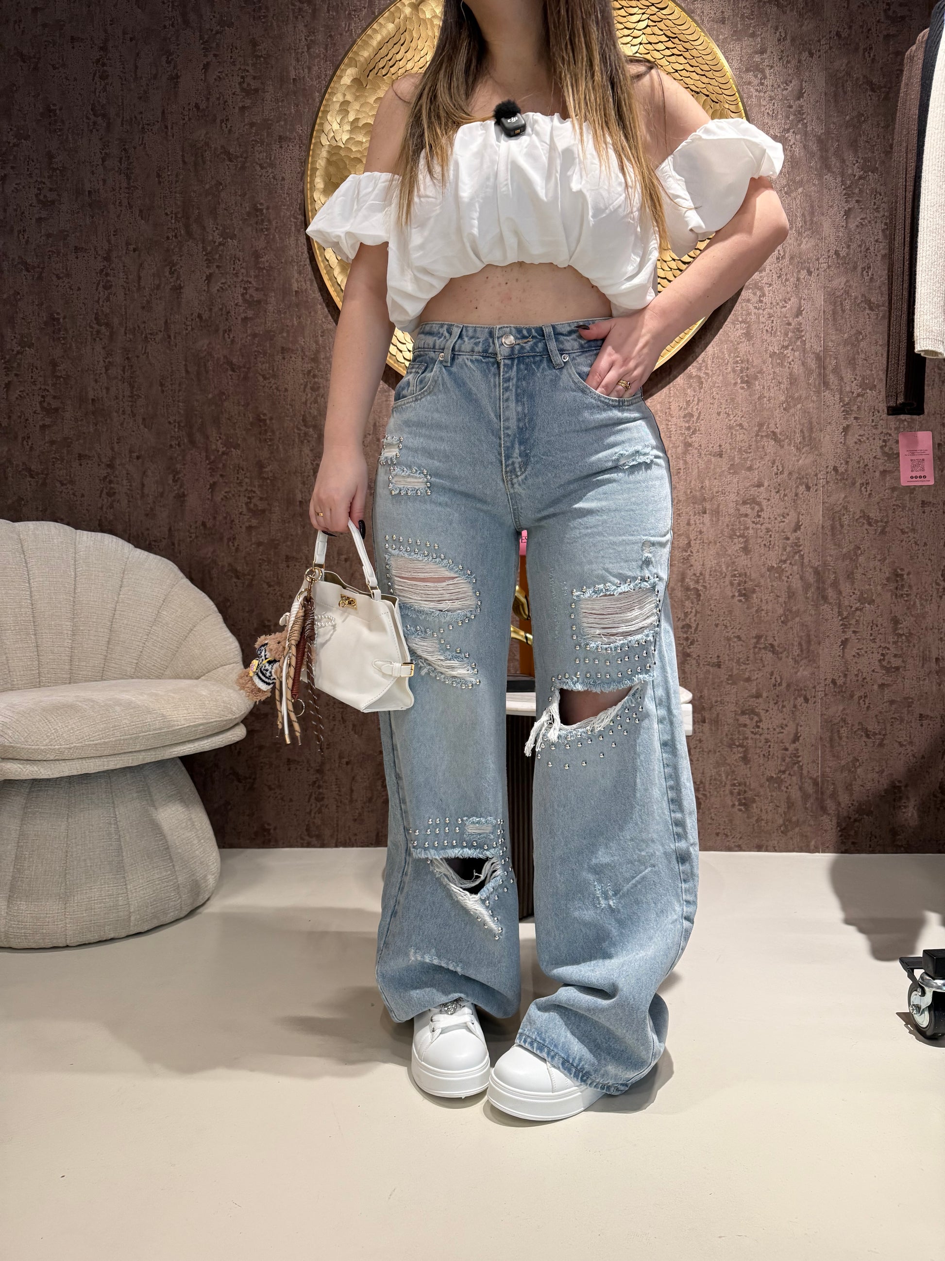 Jeans Wide Leg Strappi e Borchie - R.a. Boutique