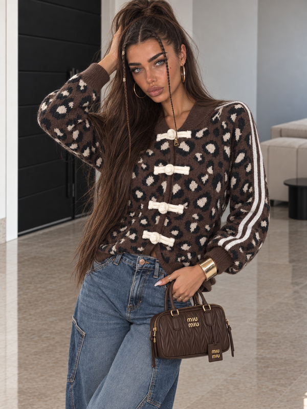 Cardigan Maculato con Alamari e Righe