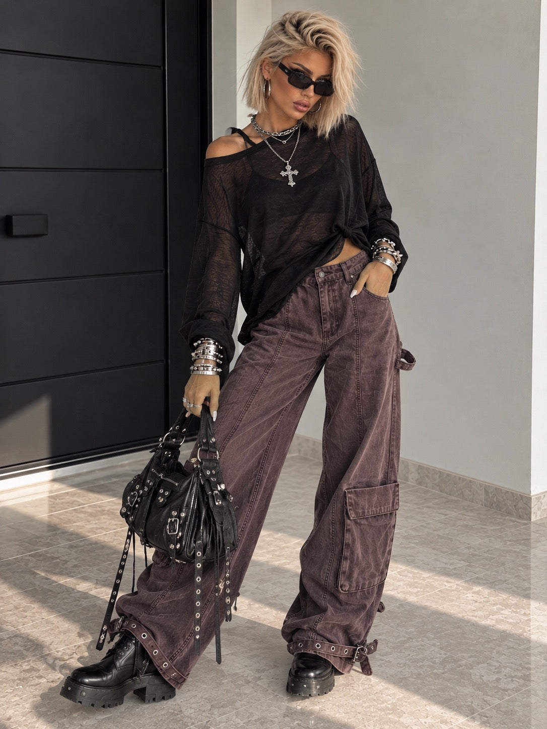 Pantalone Cargo Wine Wide Leg con Tasche - R.a. Boutique