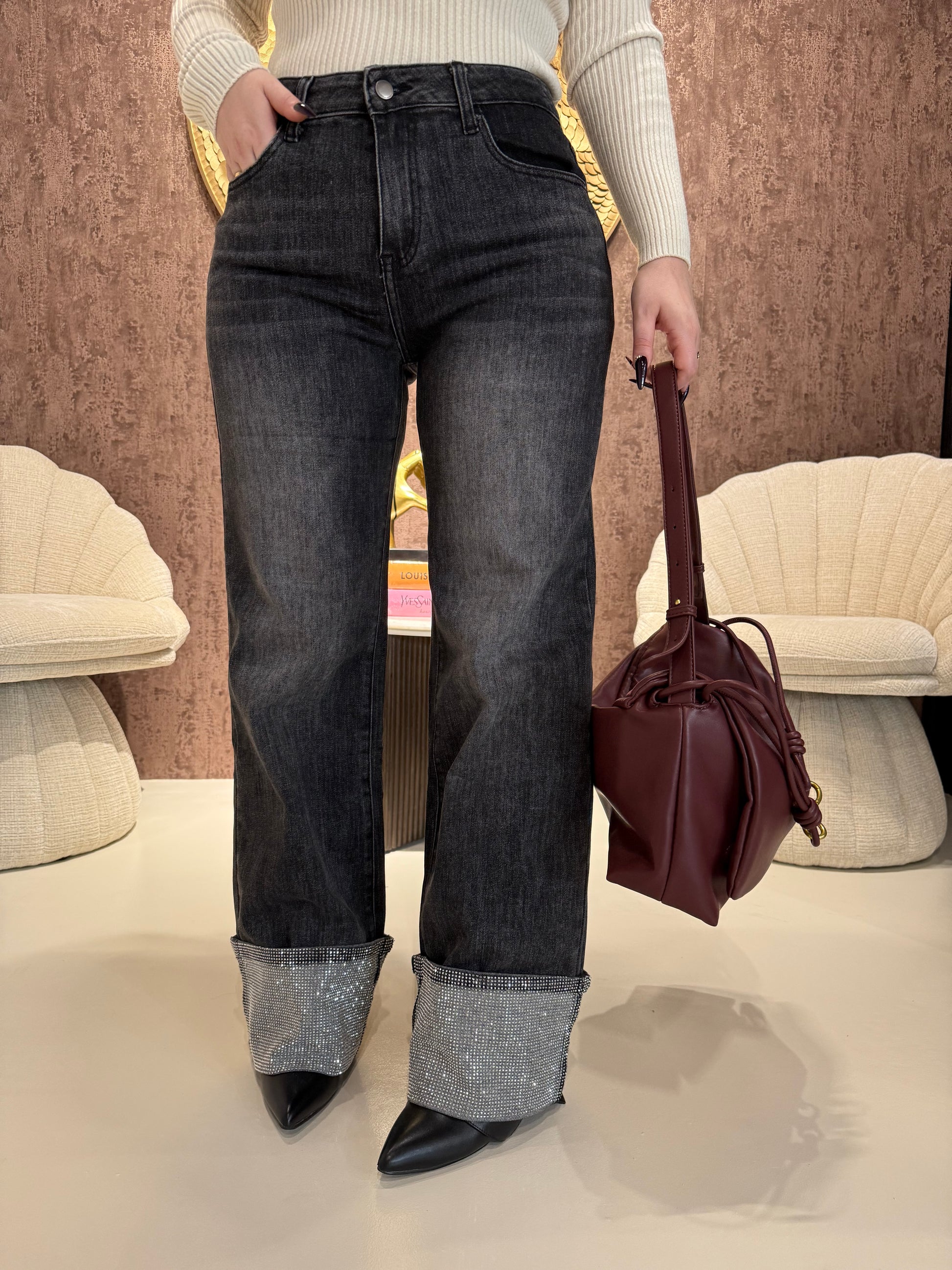 Jeans con risvolto e strass - R.a. Boutique