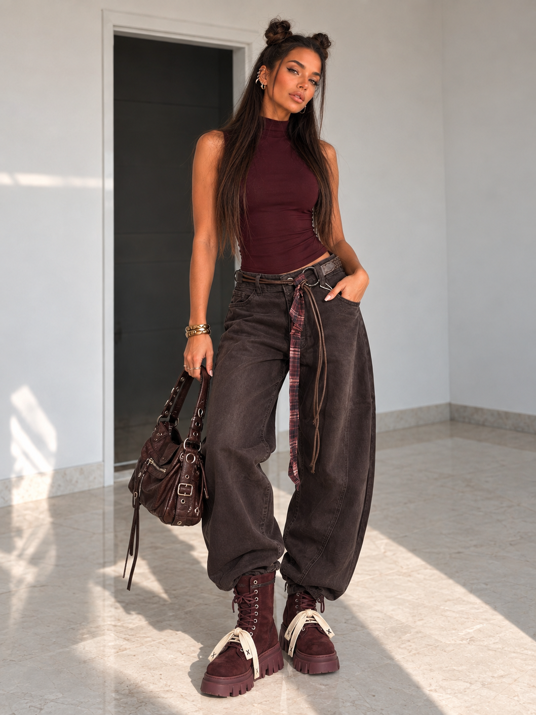 Jeans Barrel con Cintura e Dettaglio Tartan