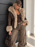 Giacca Marrone Effetto Pelle con Maxi Collo e Polsini in Pelliccia - R.a. Boutique
