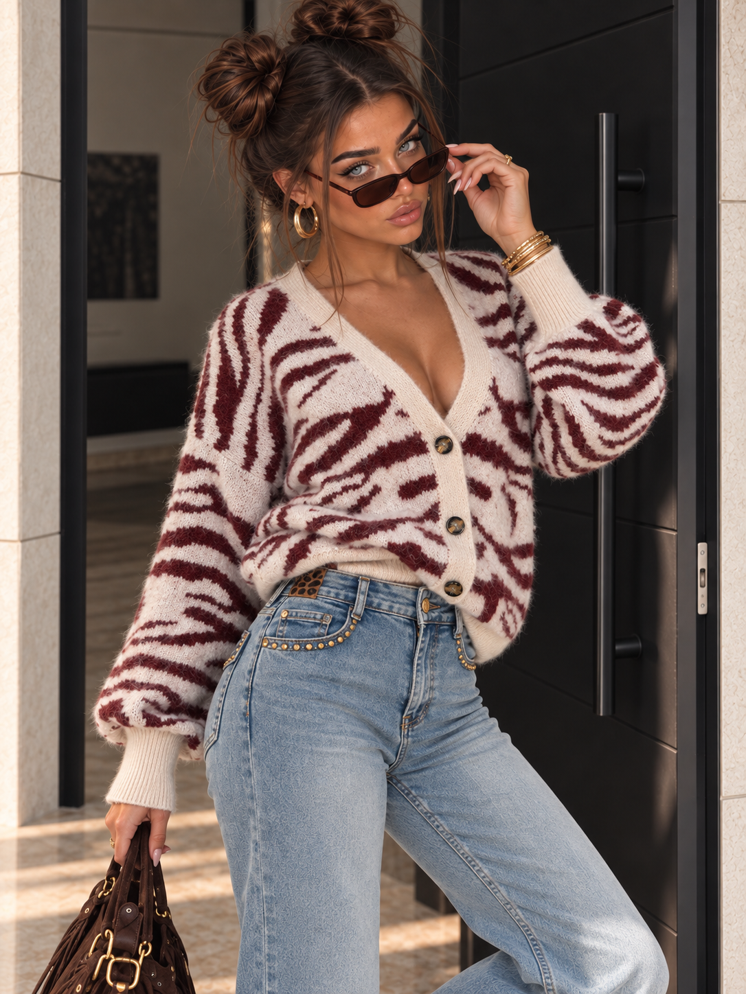 Cardigan Zebrato Panna e bordeaux - R.a. Boutique