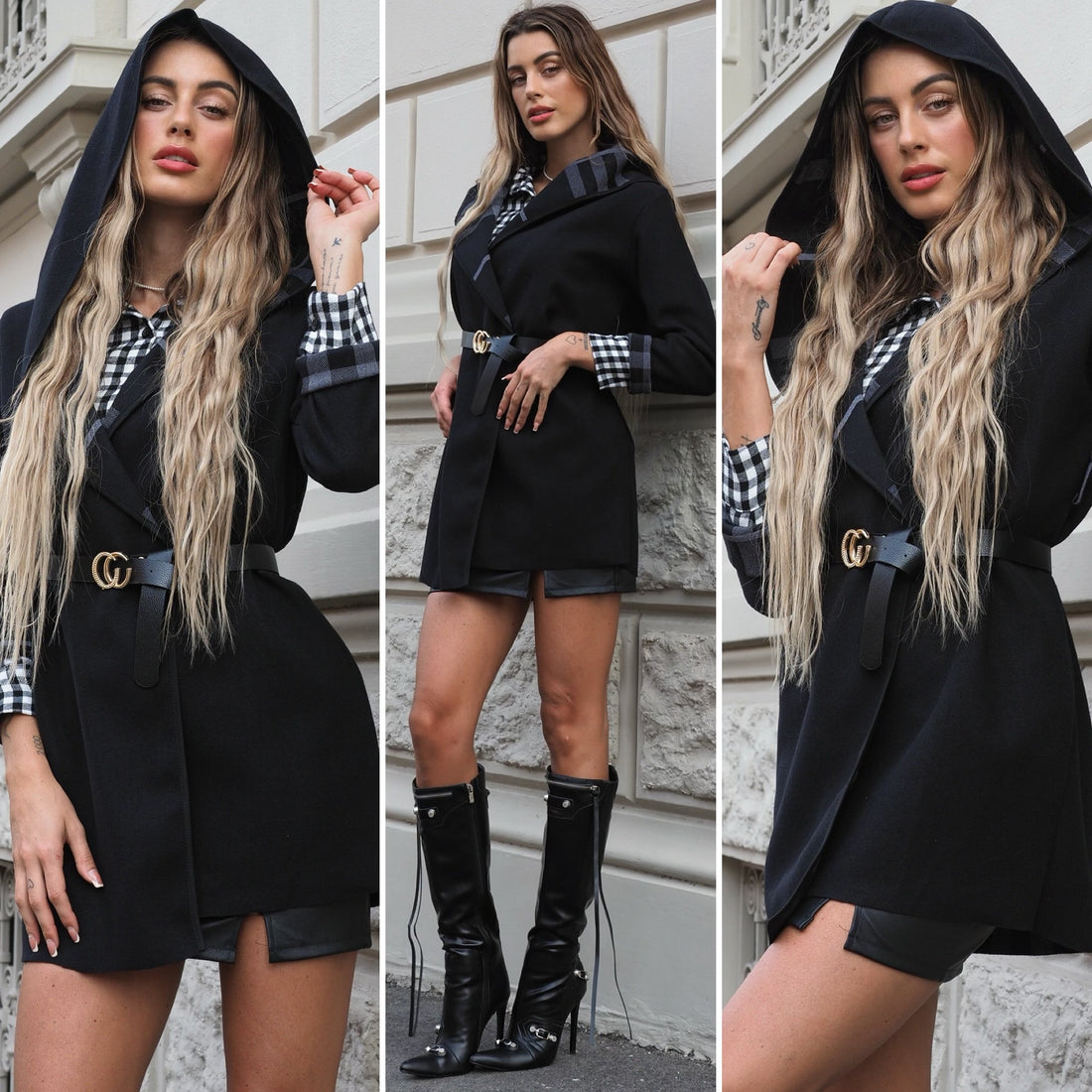 Cappotto check nero con cintura - R.a. Boutique 