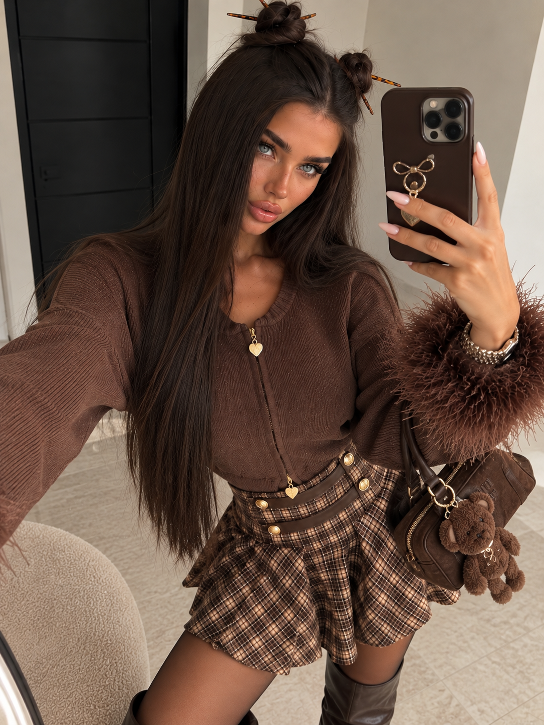 Cardigan con Zip e Polsini Effetto Piume - Caffè - R.a. Boutique
